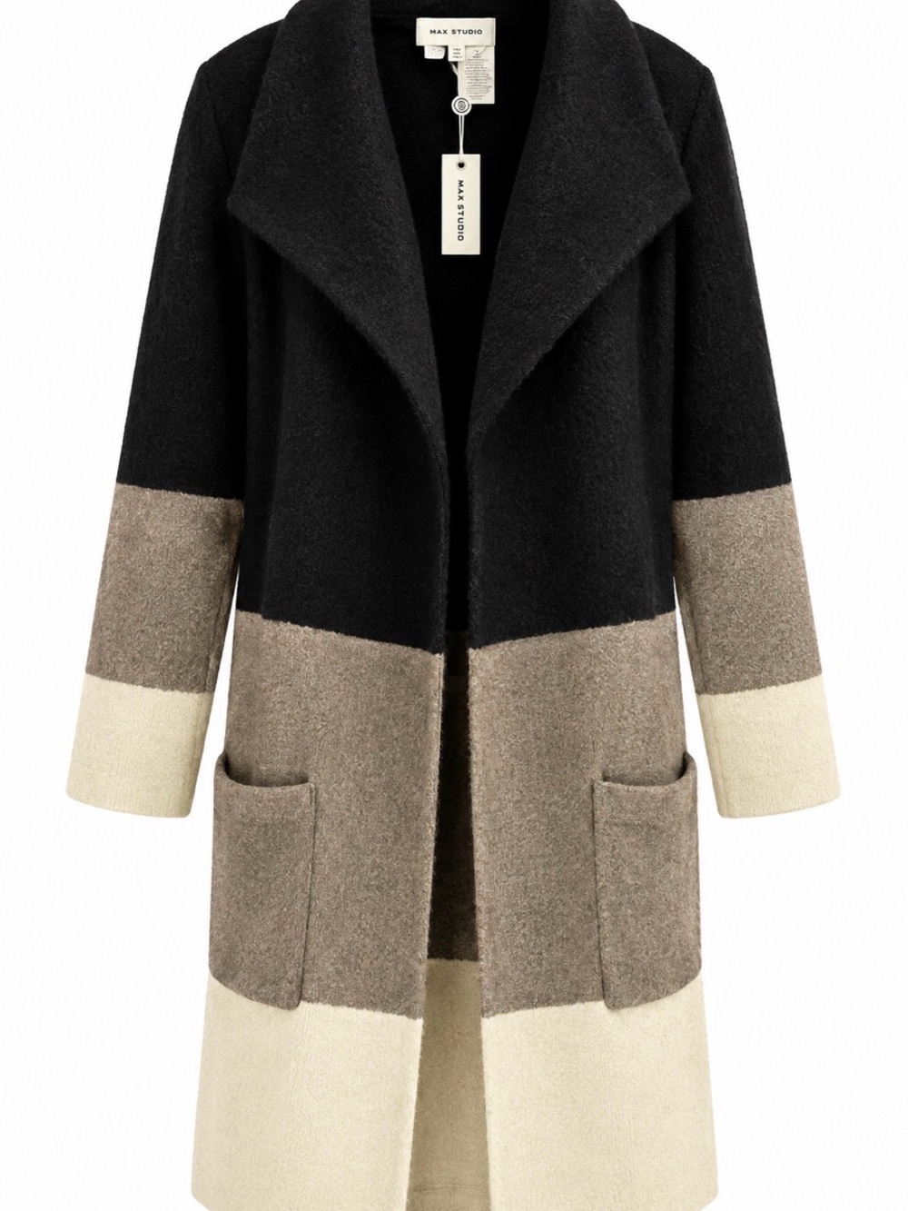 Max Studio Colorblock Long Sleeve Dress Coat in Black, Taupe & Cream